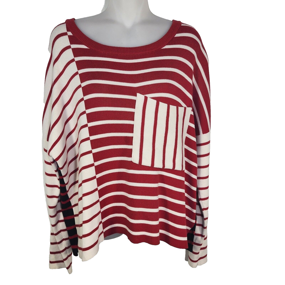 CAbi Sweater Womens M Vivien Boxy Cropped Fit Striped Pocket Black Red Knit 5635